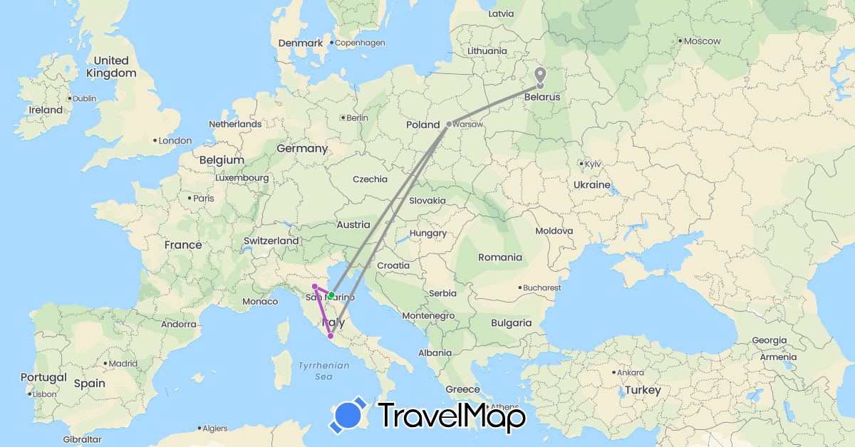 TravelMap itinerary: driving, bus, plane, train in Belarus, Italy, Poland, San Marino (Europe)